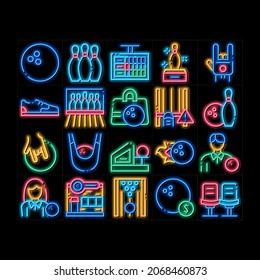 Bowling Game Tools neon light sign vector. Glowing bright icon  Bowling Ball and Skittle, Building And Stool, Scoreboard And Shoe, Player And Hand Gesture Illustrations