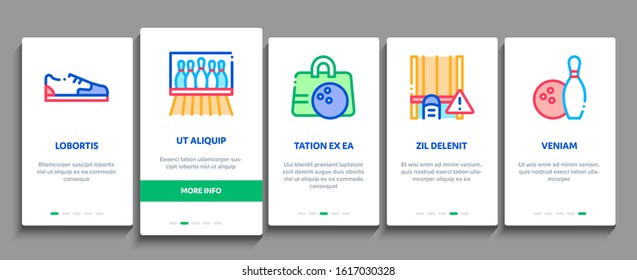 Bowling Game Tools Onboarding Mobile App Page Screen Vector. Bowling Ball and Skittle, Building And Stool, Scoreboard And Shoe, Player And Hand Gesture Linear Pictograms. Color Contour Illustrations