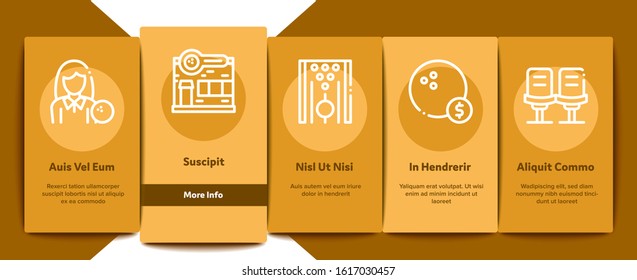 Bowling Game Tools Onboarding Mobile App Page Screen Vector. Bowling Ball and Skittle, Building And Stool, Scoreboard And Shoe, Player And Hand Gesture Linear Pictograms. Color Contour Illustrations