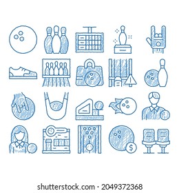 Bowling Game Tools sketch icon vector. Hand drawn blue doodle line art Bowling Ball and Skittle, Building And Stool, Scoreboard And Shoe, Player And Hand Gesture Illustrations
