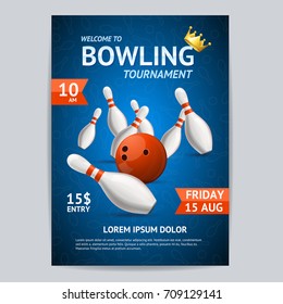 Bowling Game Tournament Poster Card Template Ball Crashing into Pins on a Blue. Vector illustration of Bowling Fun Activity