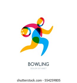 Bowling game vector logo, icon or emblem design. Running human with bowling ball in hand. Sport man isolated overlapping illustration