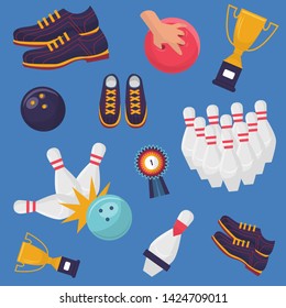 Bowling game vector pattern on blue background. Flat design of sport shoes, ten skittles, striking ball, a hand holding a ball, winner medal and goblet.