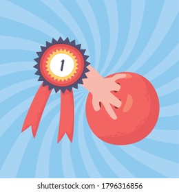bowling hand with ball and medal award competition game sport flat design vector illustration