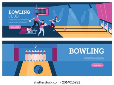 Banner horizontal de boliche conjunto con pines de juego y pelota y gente de juego, ilustración vectorial plana. Banners con gente visitando el club de bolos deportivos para actividades recreativas.