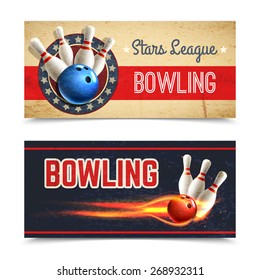 Bowling horizontal banner set with game pins and ball in fire isolated vector illustration