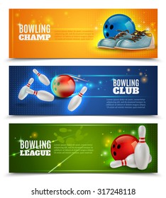 Bowling horizontal banners set with bowling champ club and leagues symbols realistic isolated vector illustration 