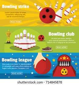 Bowling horizontal banners set with bowling champ club and leagues symbols flat isolated vector illustration. Bowling illustration for sport design -  strike,  club,  league