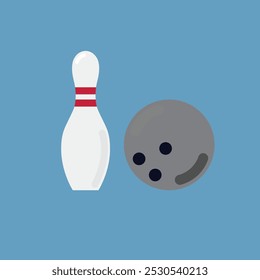 Bowling icon, bowling ball and pin sign and symbol isolated on blue background. Vector illustration.