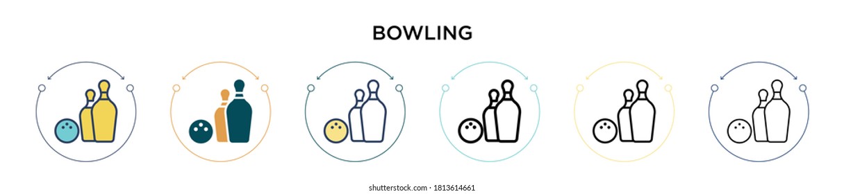 Bowling icon in filled, thin line, outline and stroke style. Vector illustration of two colored and black bowling vector icons designs can be used for mobile, ui, web