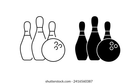 Bowlingsymbol. Kugelschreiber und Bowlingball. Linear- und Silhouettenstil. Vektorsymbole