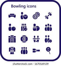 juego de iconos de bolos. 16 íconos rellenos de boliche.  Iconos modernos sencillos, como: Gimnasio, Bolera, Billar, Deporte, pines, Billar, Fútbol de mesa, Judo, Competencia, Dodge