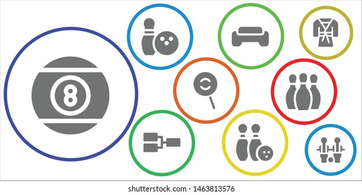 bowling icon set. 9 filled bowling icons.  Simple modern icons about  - Billiard, Bowling, Gym, Competition, Dodge, Judo, Table football