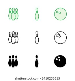 Bowling icon set. bowling ball and pin icon. bowling pins
