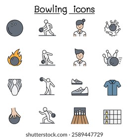 Bowling icon set in color line style