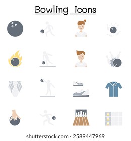 Bowling icon set in flat color style