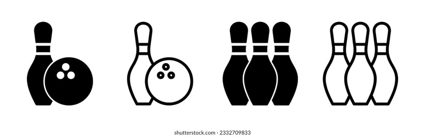 Ilustración de juego de iconos de bolos. bola de boliche, signo y símbolo de pin.