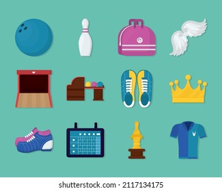 bowling icon set on green background