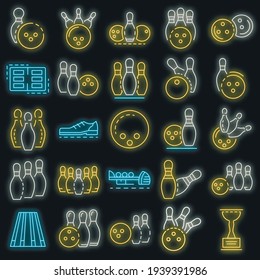 Bowling icon set. Outline set of bowling vector icons neon color on black