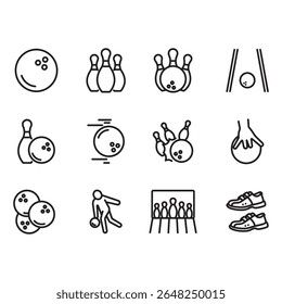 Bowling icon set. Thin line style vectors. Contains icons such as bowling ball, shoes and many more.