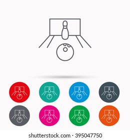 Bowling icon. Skittle or pin with ball sign. Competition sport symbol. Linear icons in circles on white background.