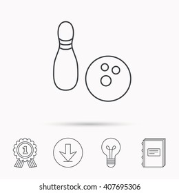 Bowling icon. Skittle or pin with ball sign. Competition sport symbol. Download arrow, lamp, learn book and award medal icons.