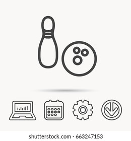 Bowling icon. Skittle or pin with ball sign. Competition sport symbol. Notebook, Calendar and Cogwheel signs. Download arrow web icon. Vector