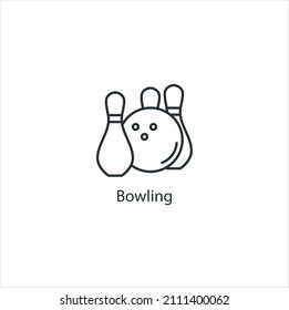 Bowling Icon dünne Linie Stock-Illustration.Sport-Symbol mit Namen. Bekanntes Sportsymbol