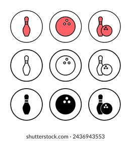 Ilustración vectorial de icono de boliche. bola de boliche y signo y símbolo de pin.