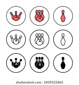 Ilustración vectorial de icono de boliche. bola de boliche y signo y símbolo de pin.