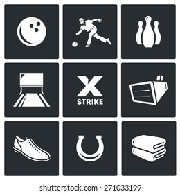 Bowling icons: ball, bowling, bowling, bowling lane, strike, screen, shoes, luck, towels. Vector Illustration.