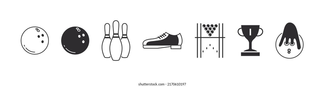 Bowling icons. Bowling balls and skittles. Bowling elements for design. Vector icons