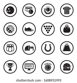 Bowling Icons. Black Flat Design In Circle. Vector Illustration.