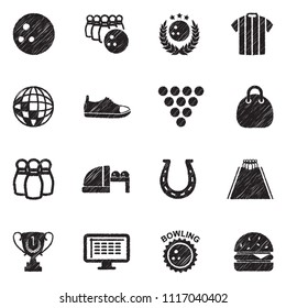 Bowling Icons. Black Scribble Design. Vector Illustration.
