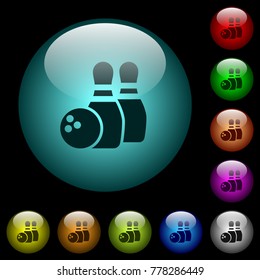 Bowling icons in color illuminated spherical glass buttons on black background. Can be used to black or dark templates