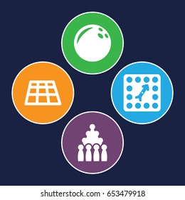 Bowling icons set. set of 4 bowling filled icons such as board game