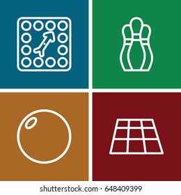 Bowling icons set. set of 4 bowling outline icons such as board game