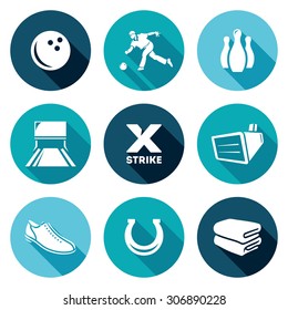 Bowling Icons Set. Vector Illustration. Isolated Flat Icons collection on a color background for design