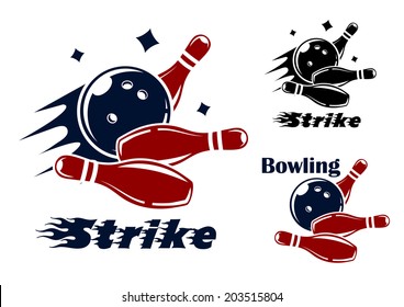 Iconos y símbolos de boliche con el texto - Strike - mientras el tazón golpea los pines con senderos de velocidad y movimiento y uno con el texto - Bowling - y sin rastro de movimiento