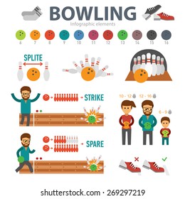 Bowling infographic elements isolated on white background. People play bowling and knock strike, split, spare, down skittles vector flat - stock vector