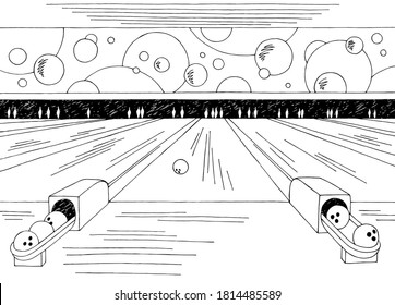 Bowling interior graphic black white sketch illustration vector