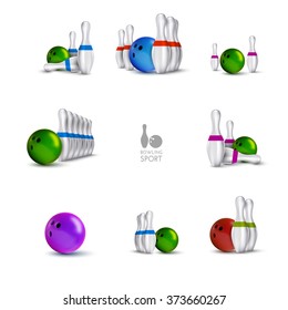 Bowling items isolated on the white background. Bowling skittles and bowls as vector design elements.
