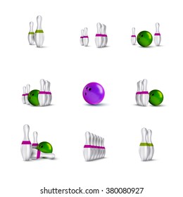 Bowling items isolated on the white background. Bowling skittles and bowls as vector design elements.