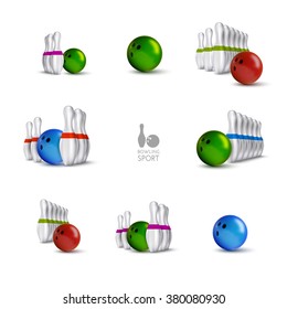 Bowling items isolated on the white background. Bowling skittles and bowls as vector design elements.