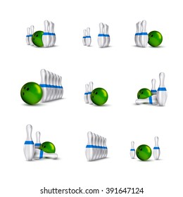 Bowling items isolated on the white background. Bowling skittles and bowls as vector design elements.