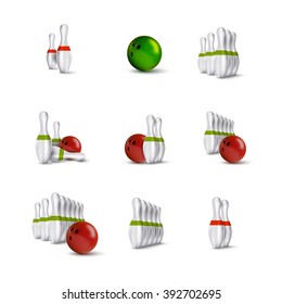 Bowling items isolated on the white background. Bowling skittles and bowls as vector design elements.