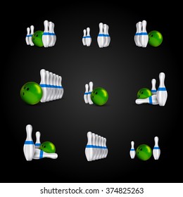 Bowling items on the dark background. Bowling skittles and bowls as vector design elements.