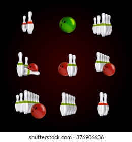 Bowling items on the dark background. Bowling skittles and bowls as vector design elements.