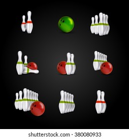 Bowling items on the dark background. Bowling skittles and bowls as vector design elements.