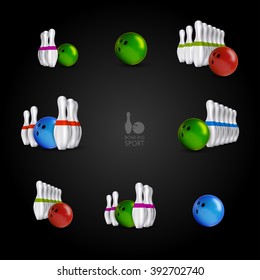 Bowling items on the dark background. Bowling skittles and bowls as vector design elements.